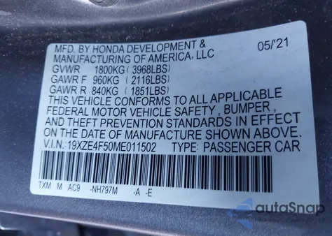 2021 Honda Insight Ex z USA, uszkodzony, nr VIN 19XZE4F50ME011502